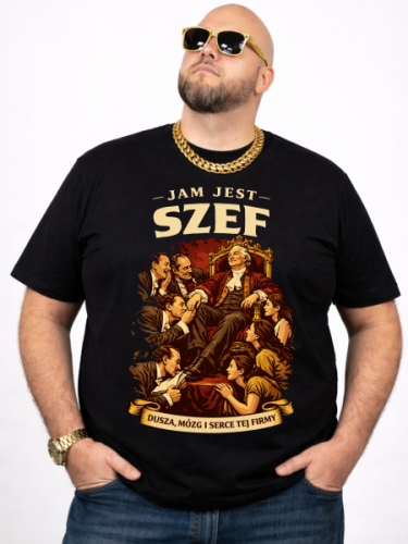 Koszulka dla szefa JAM JEST SZEF. DUSZA, SERCE I MÓZG TEJ FIRMY